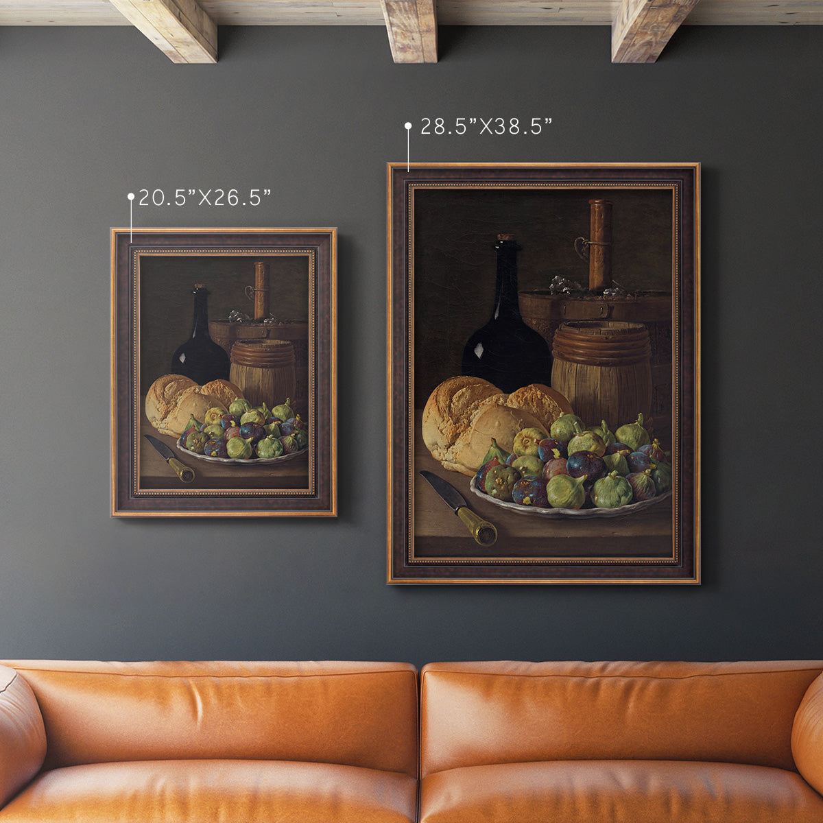 Realist still life with figs and bread by Luis Meléndez in an ornate bronzed mahogany wood frame shown in multiple vertical size options.