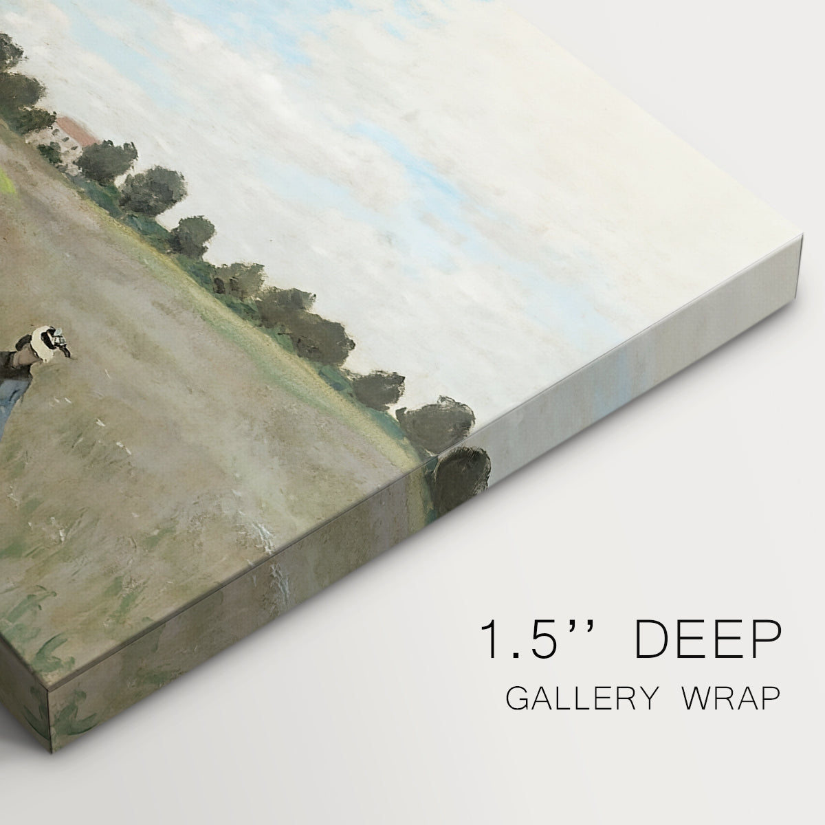 Canvas art print of a field of red poppies with figures walking across rolling landscape, highlighting texture and gallery-wrapped edges