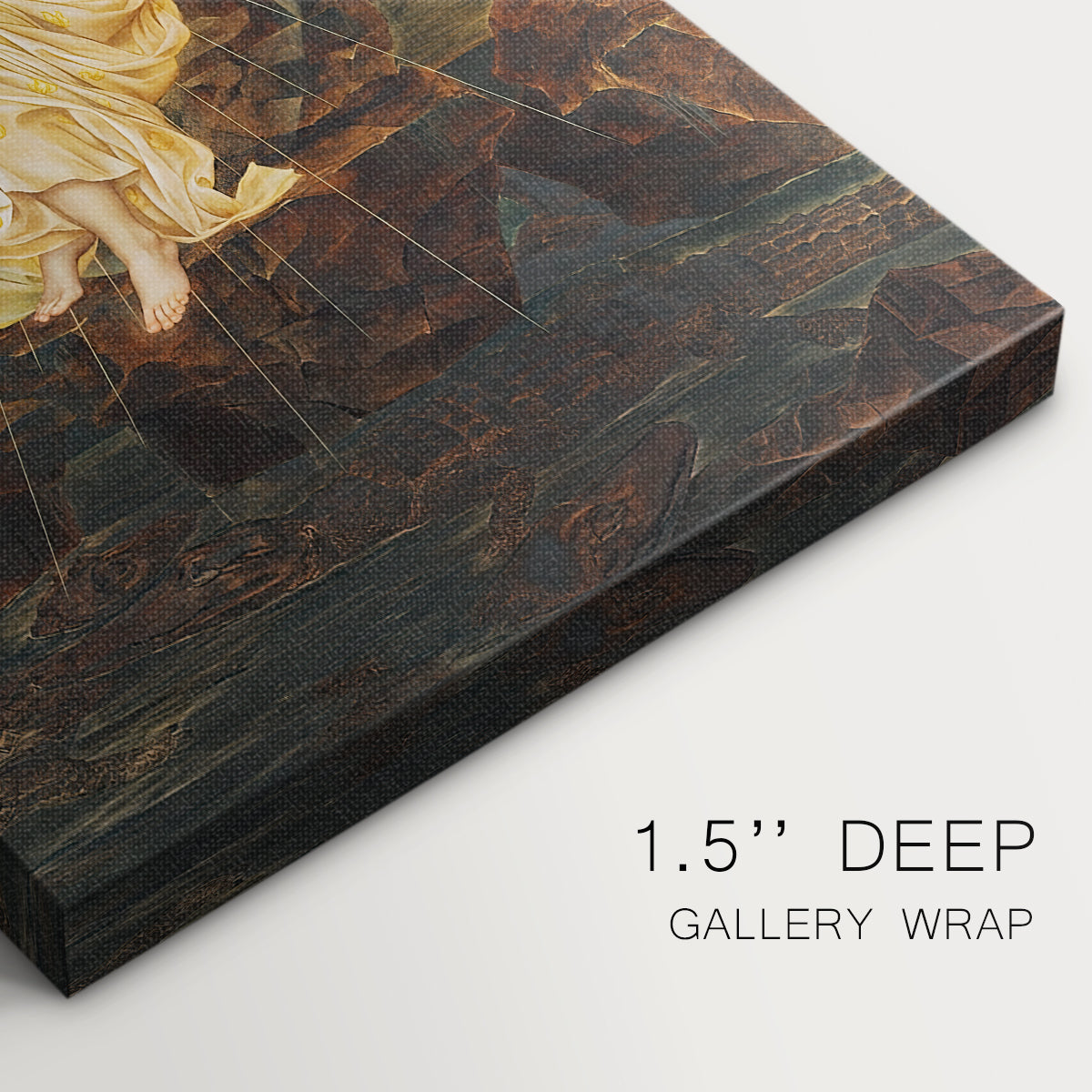 Close-up of a gallery-wrapped canvas corner showing a spiritual figure illuminated against a dark background, highlighting texture and print detail.