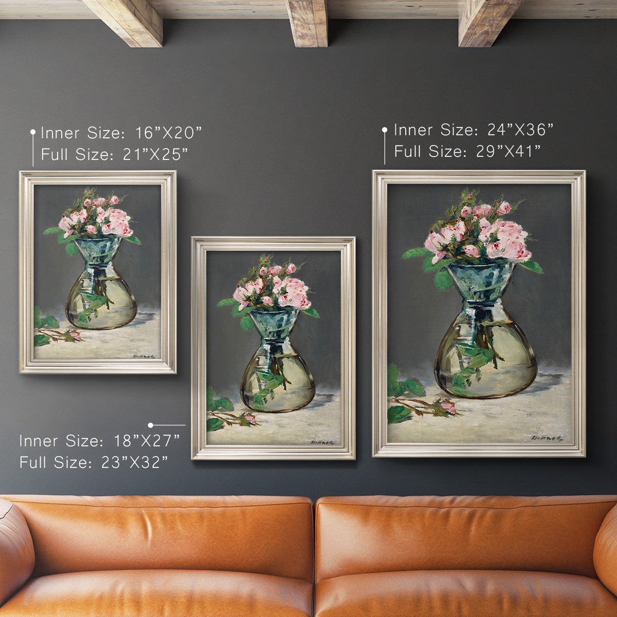 Moss Roses in a Vase - Ornate Framed Canvas Print