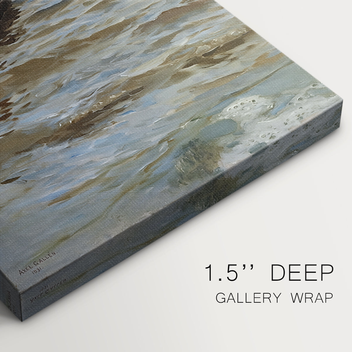 Close-up of a gallery-wrapped canvas corner showing a minimalist ocean scene with a small boat on gentle waves, highlighting texture and print detail.