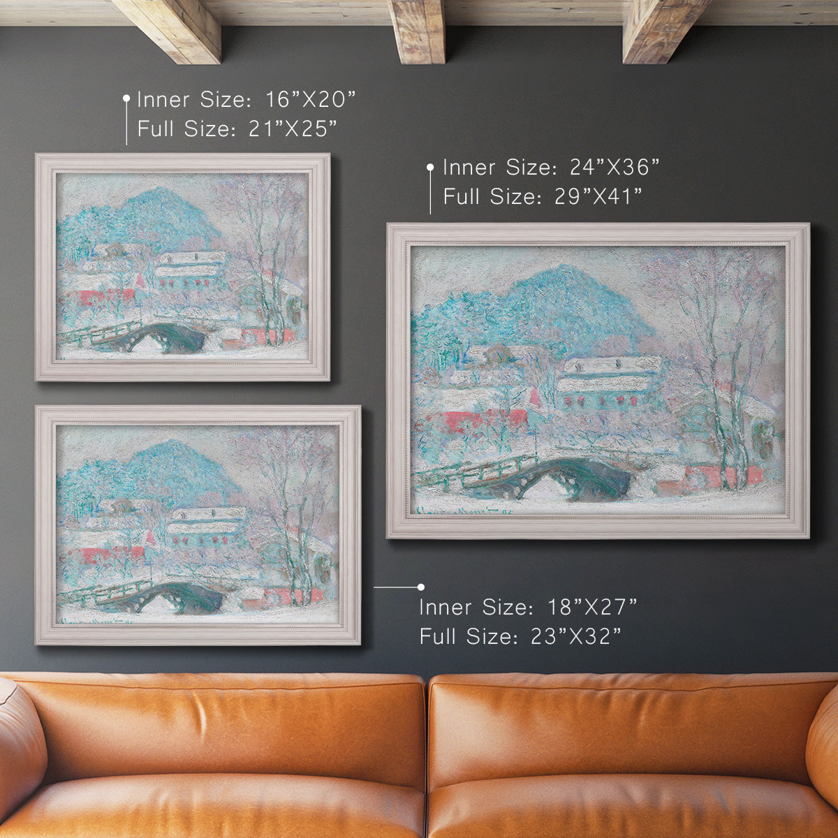 Impressionist coastal village landscape in Norway by Claude Monet in an ornate weathered white frame shown in multiple size options.