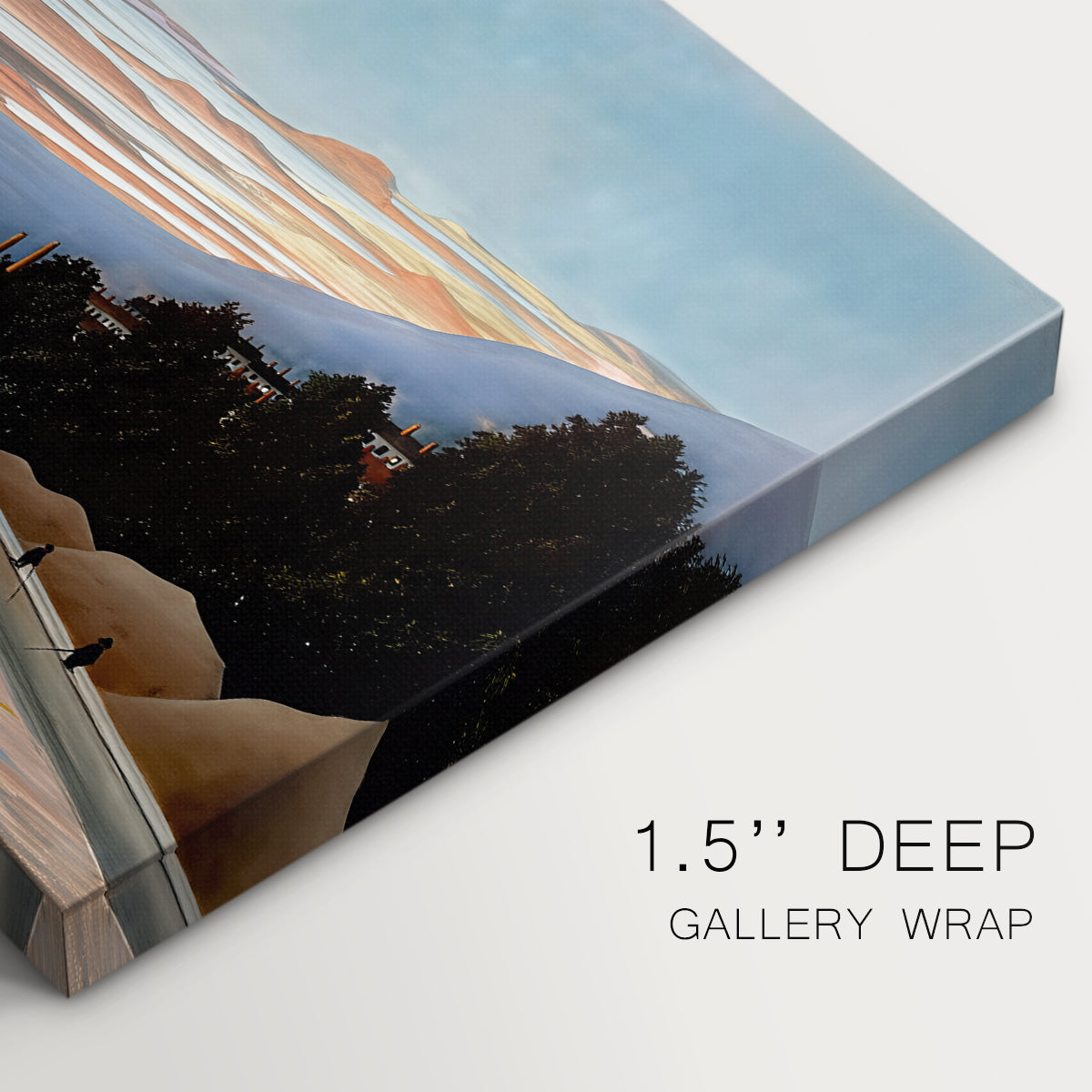 Canvas art print of the Eiffel Tower rising above landscape with trees and open sky, highlighting texture and gallery-wrapped edges