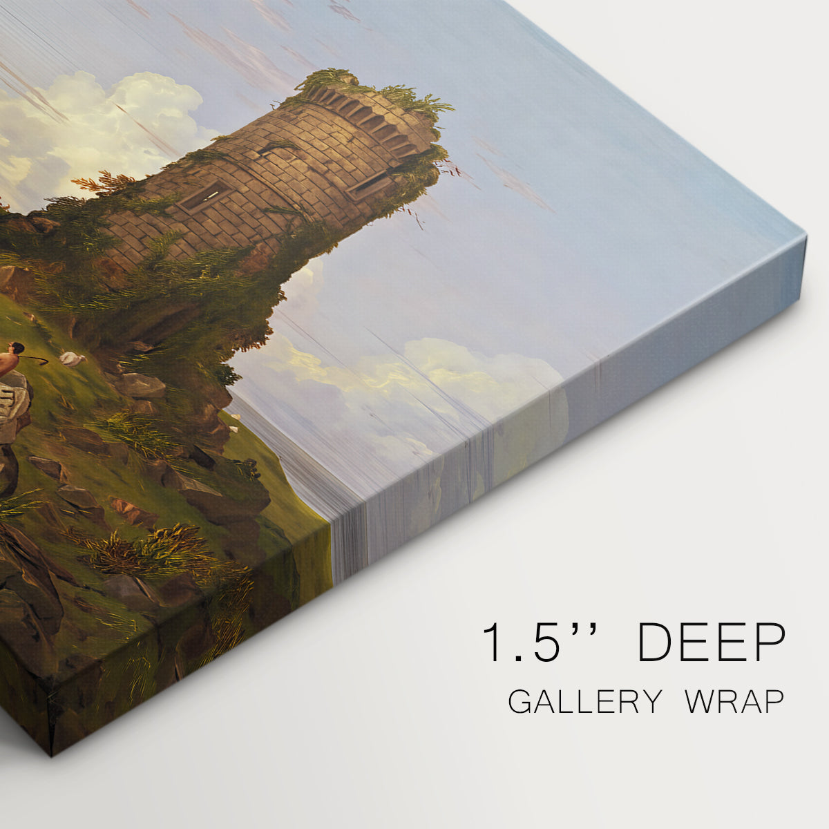 Canvas art print of a coastal landscape with ruined tower overlooking sea, highlighting texture and gallery-wrapped edges
