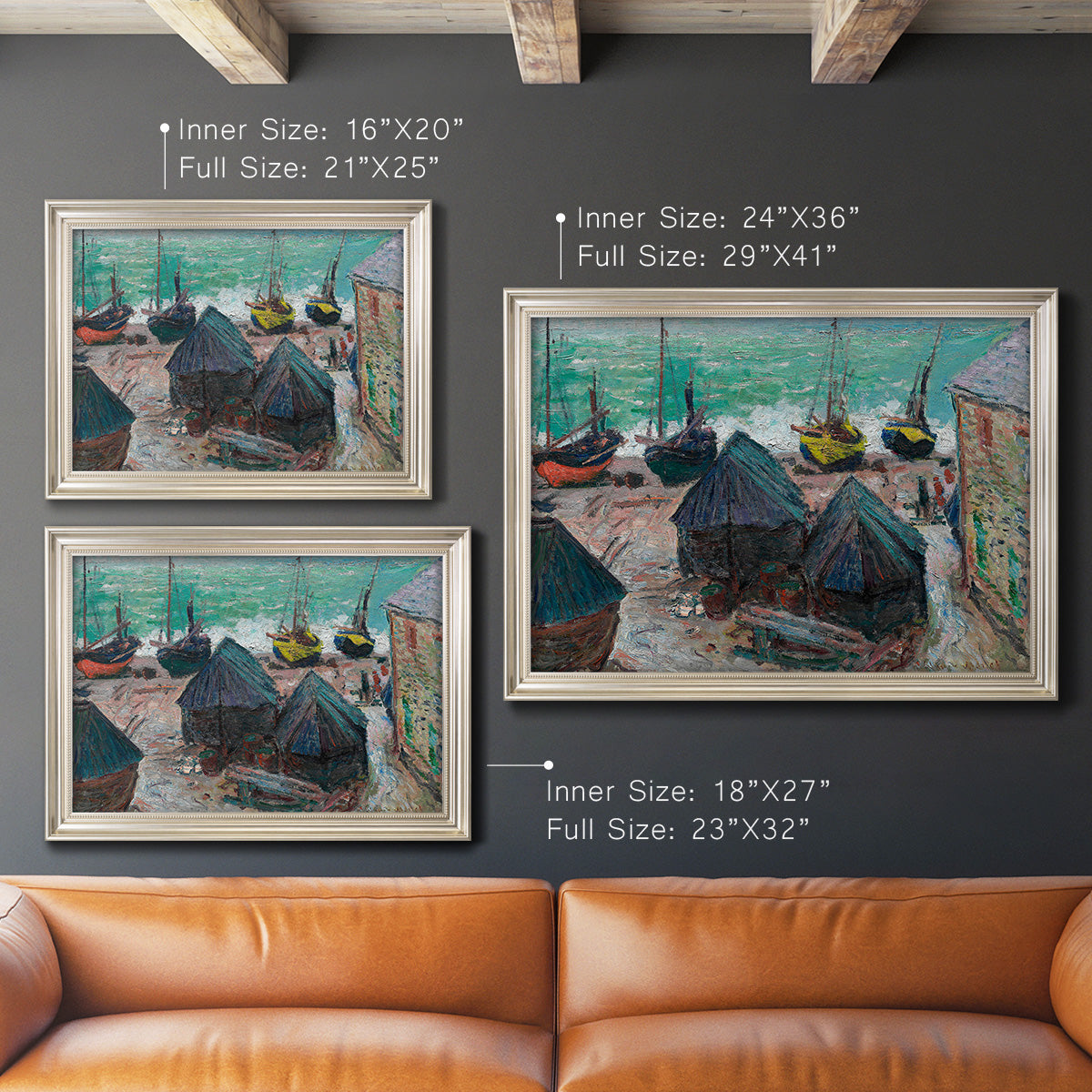 Impressionist coastal beach scene with boats by Claude Monet in an ornate champagne frame shown in multiple size options.