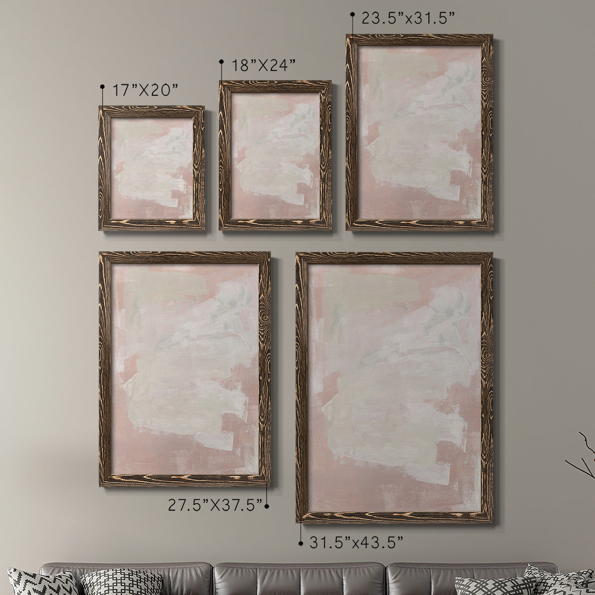 Size comparison chart for a set of two walnut barnwood framed canvas prints.