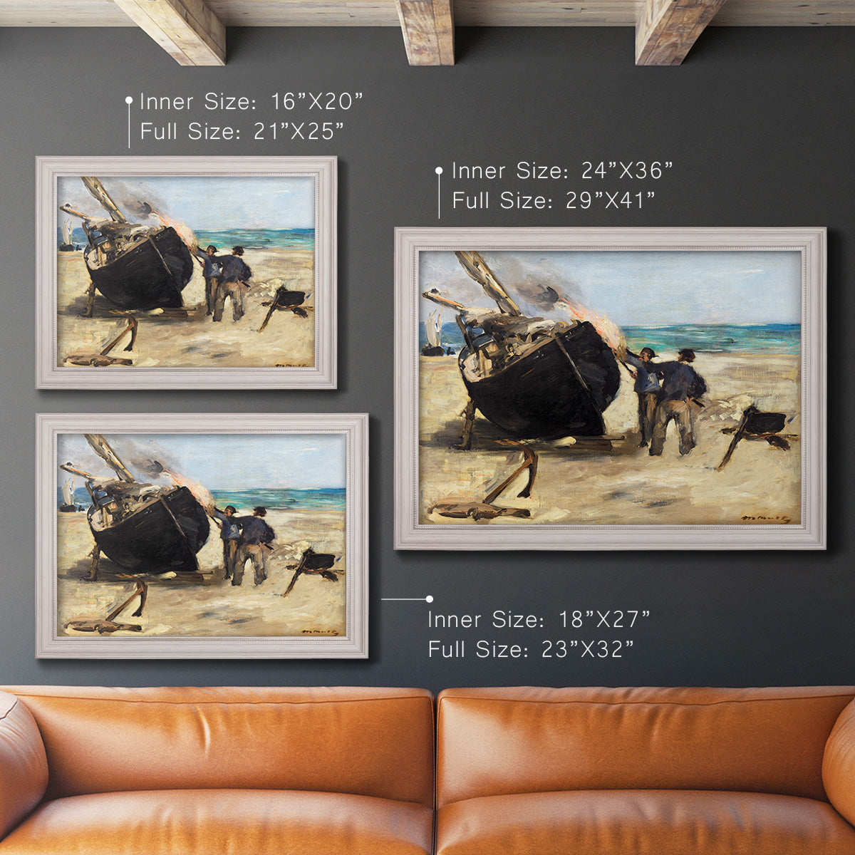 Impressionist nautical work scene by Édouard Manet in an ornate weathered white frame shown in multiple size options.
