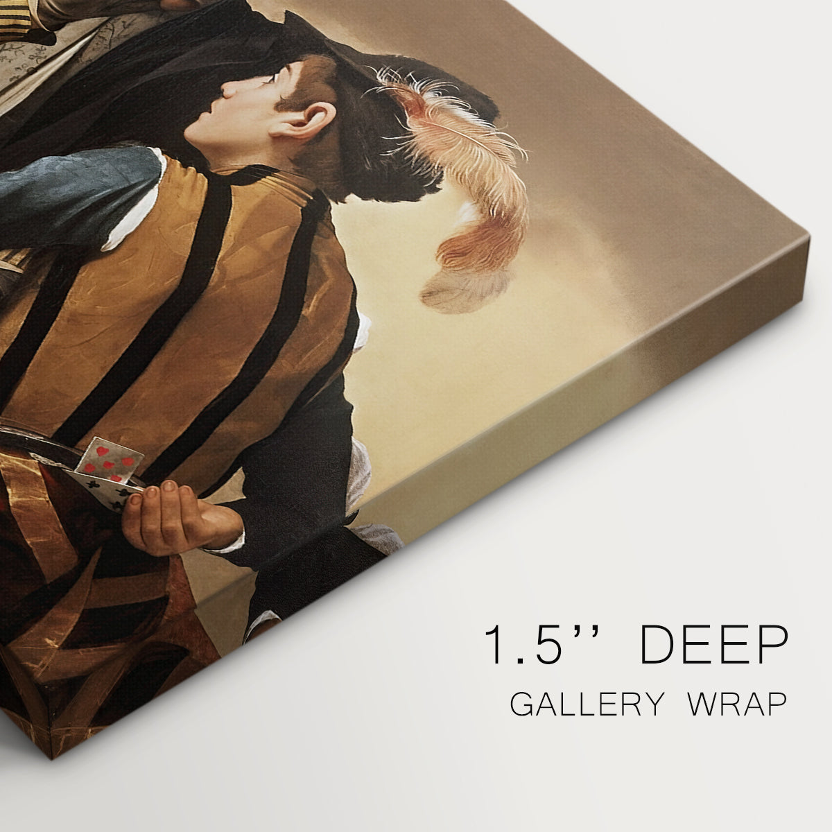Canvas art print of two men cheating at cards while a third figure secretly observes behind them, highlighting texture and gallery-wrapped edges
