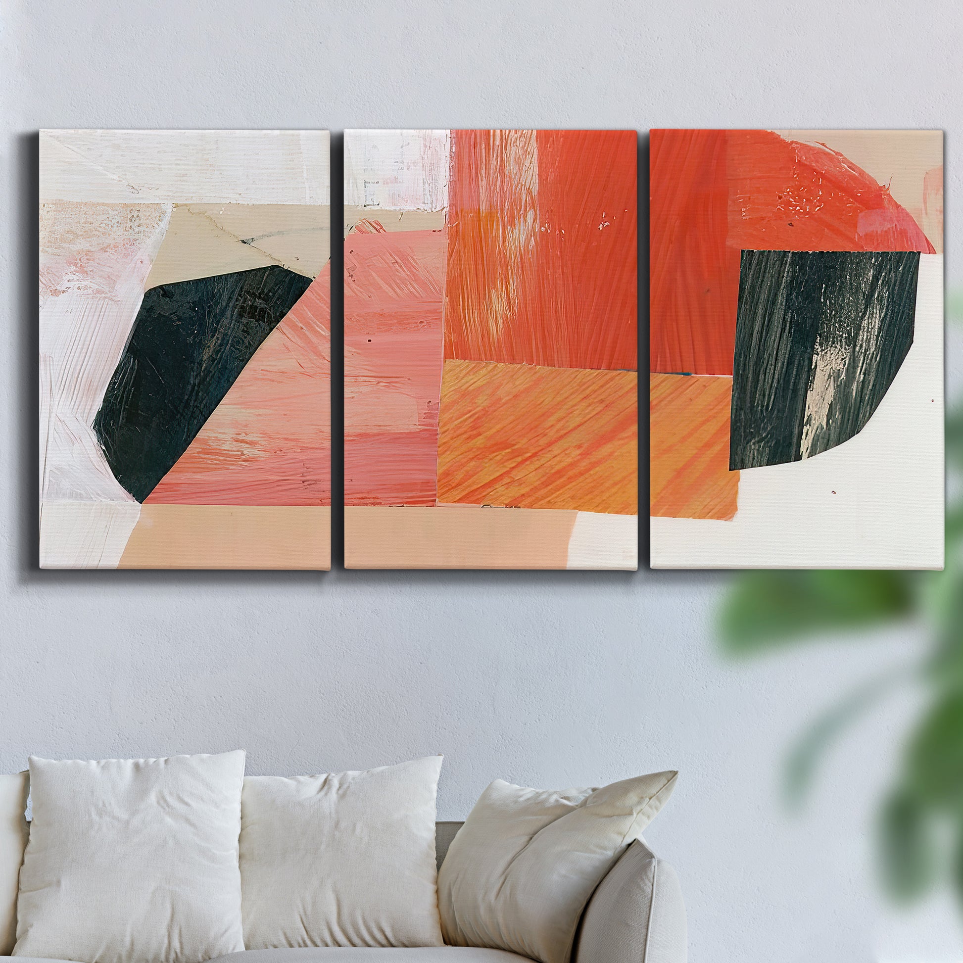 Three-panel canvas wall art featuring bold pink mid century abstract portal, displayed in a living room above a sofa.