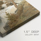 Close-up of a gallery-wrapped canvas corner showing a calm natural composition with detailed terrain, highlighting texture and print detail.