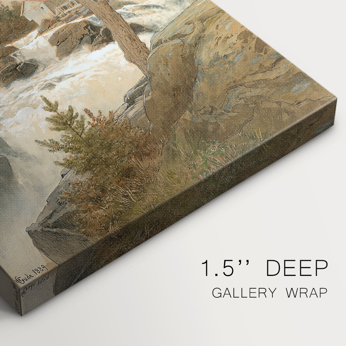 Close-up of a gallery-wrapped canvas corner showing a calm natural composition with detailed terrain, highlighting texture and print detail.