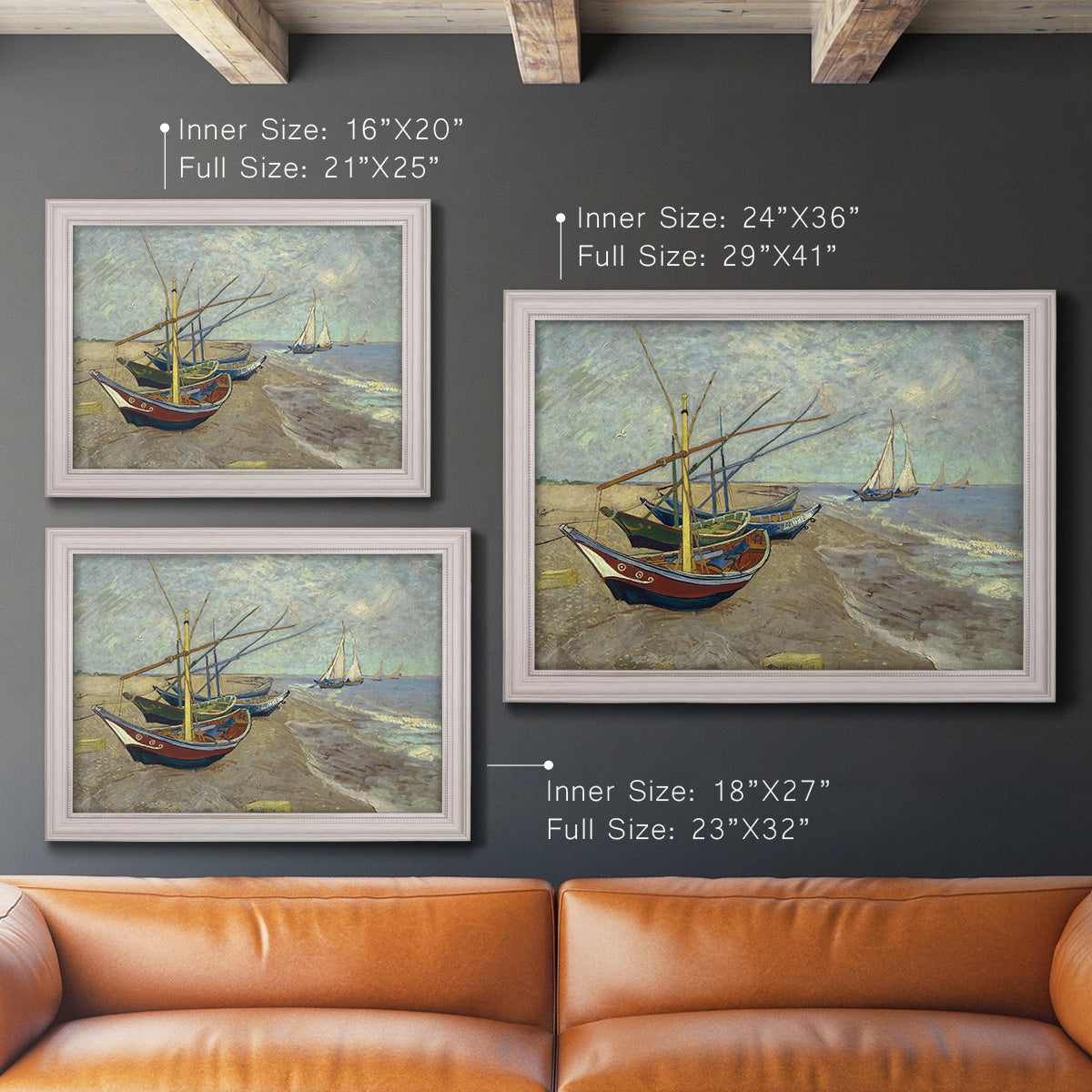 Impressionist coastal fishing boats scene by Vincent van Gogh in an ornate weathered white frame shown in multiple size options.