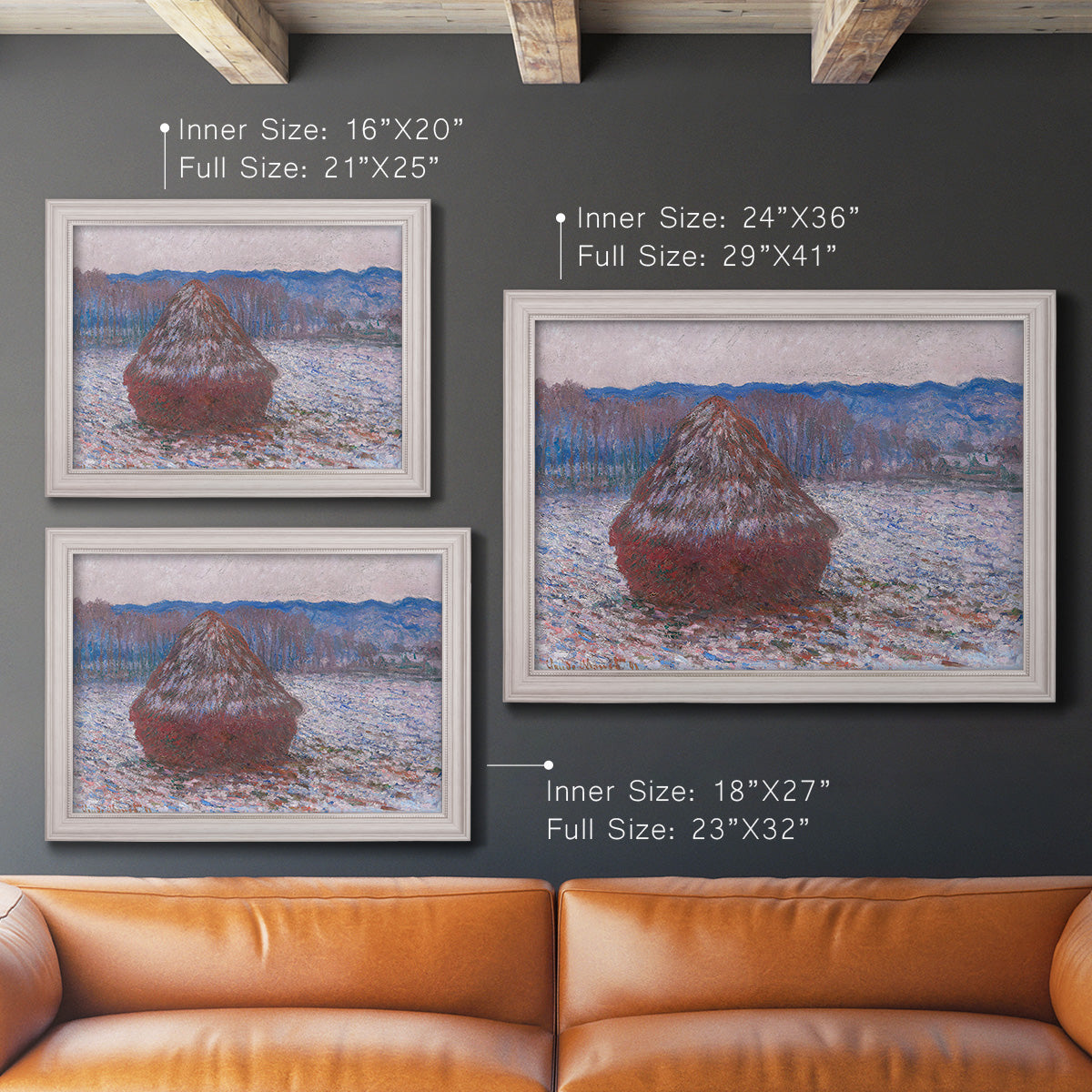 Impressionist single haystack landscape by Claude Monet in an ornate weathered white frame shown in multiple size options.