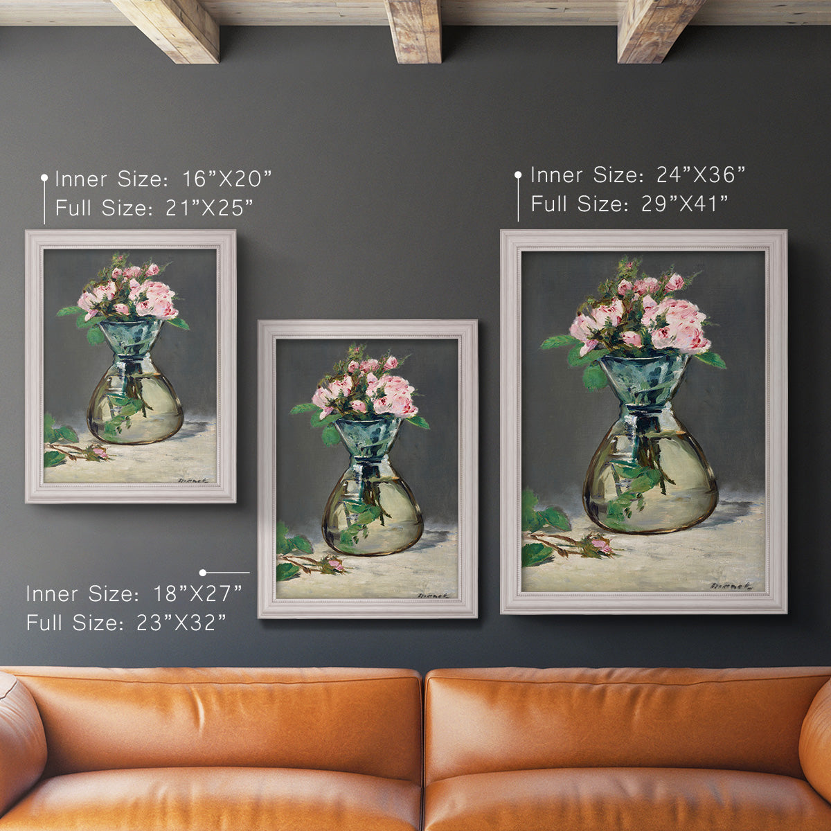 Moss Roses in a Vase - Ornate Framed Canvas Print