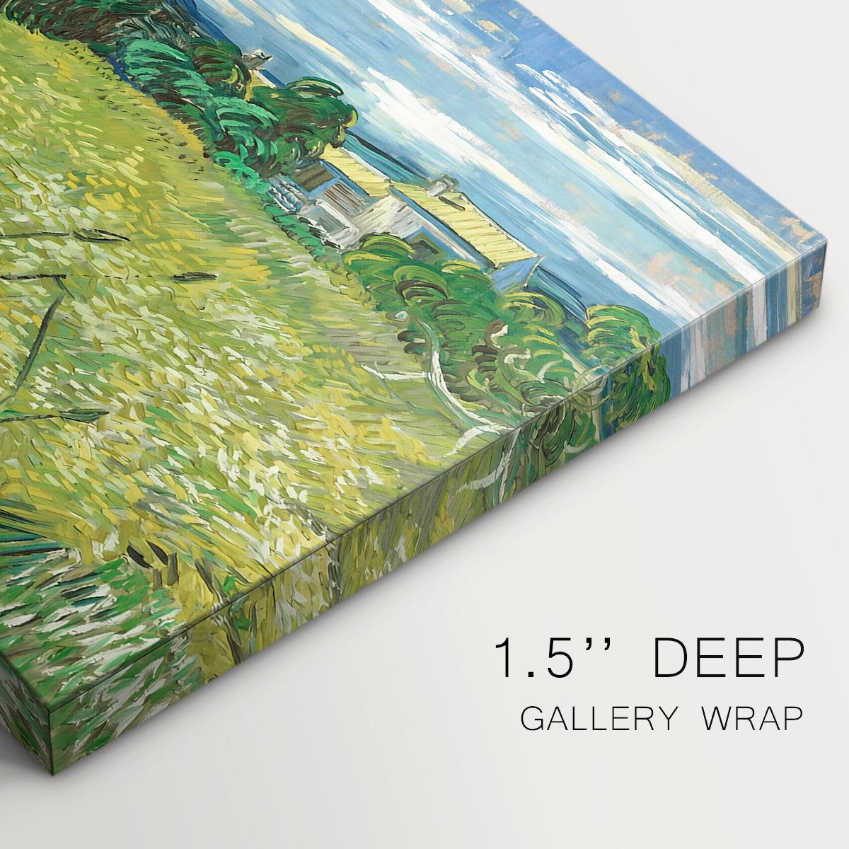 Canvas art print of a wheat field with tall cypress tree rising against vivid sky, highlighting texture and gallery-wrapped edges
