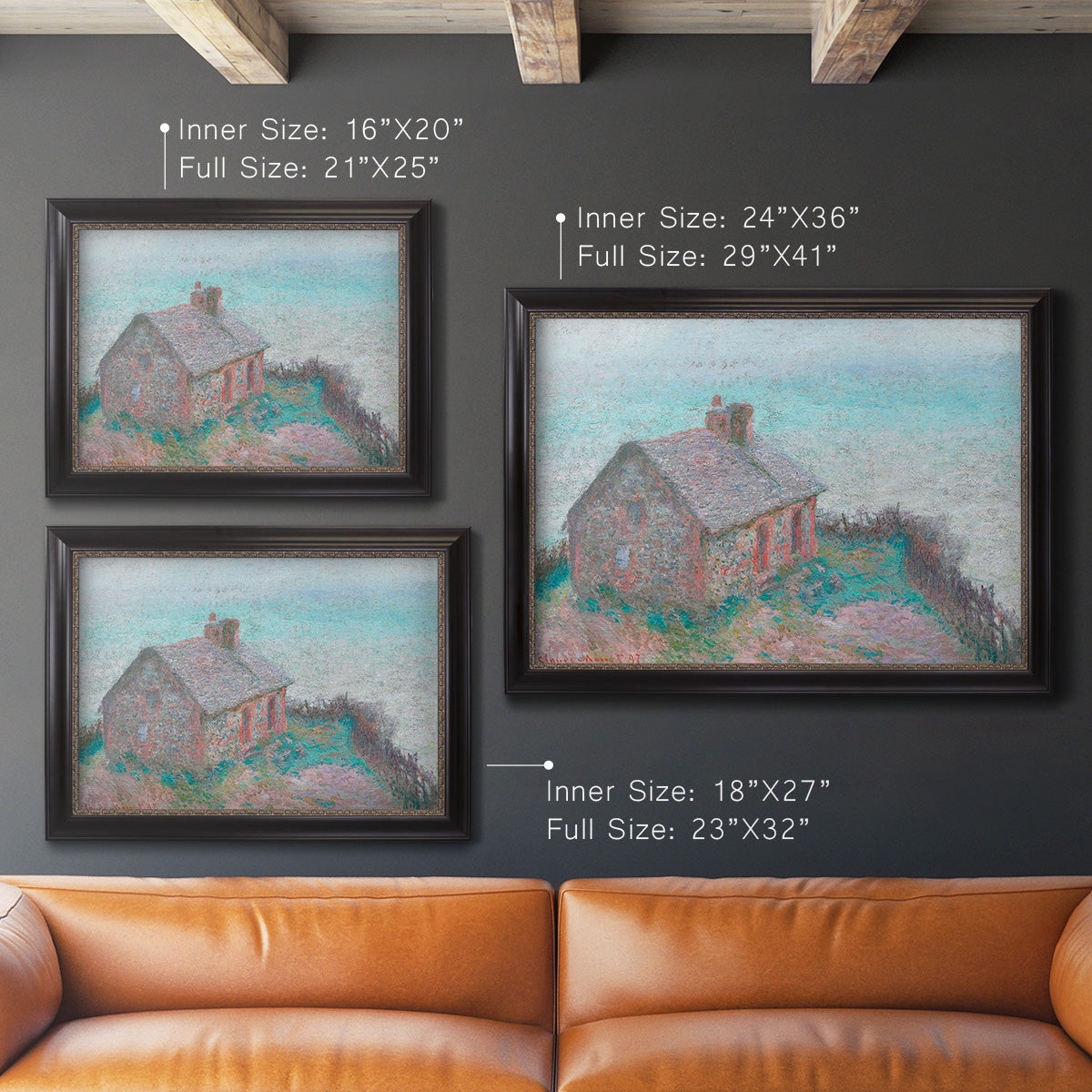 Impressionist coastal building landscape by Claude Monet in an ornate black frame with gilded inner detail shown in multiple size options.