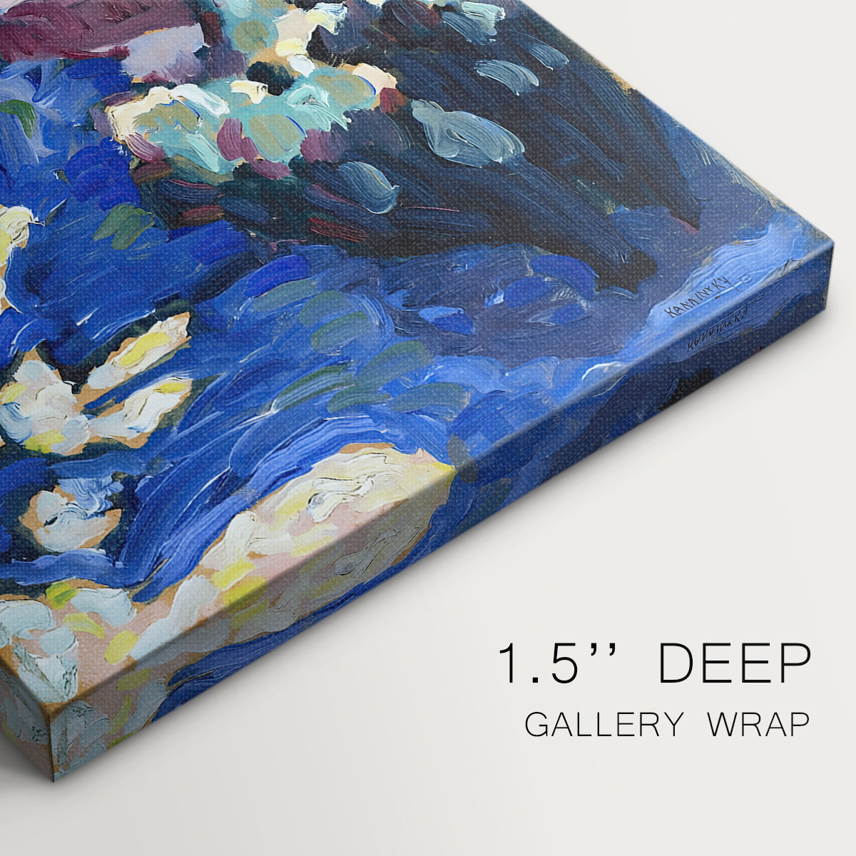 Close-up of a gallery-wrapped canvas corner showing a modern landscape with strong contrast and structure, highlighting texture and print detail.