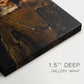 Close-up of a gallery-wrapped canvas corner showing a classic image with warm tones and depth, highlighting texture and print detail.