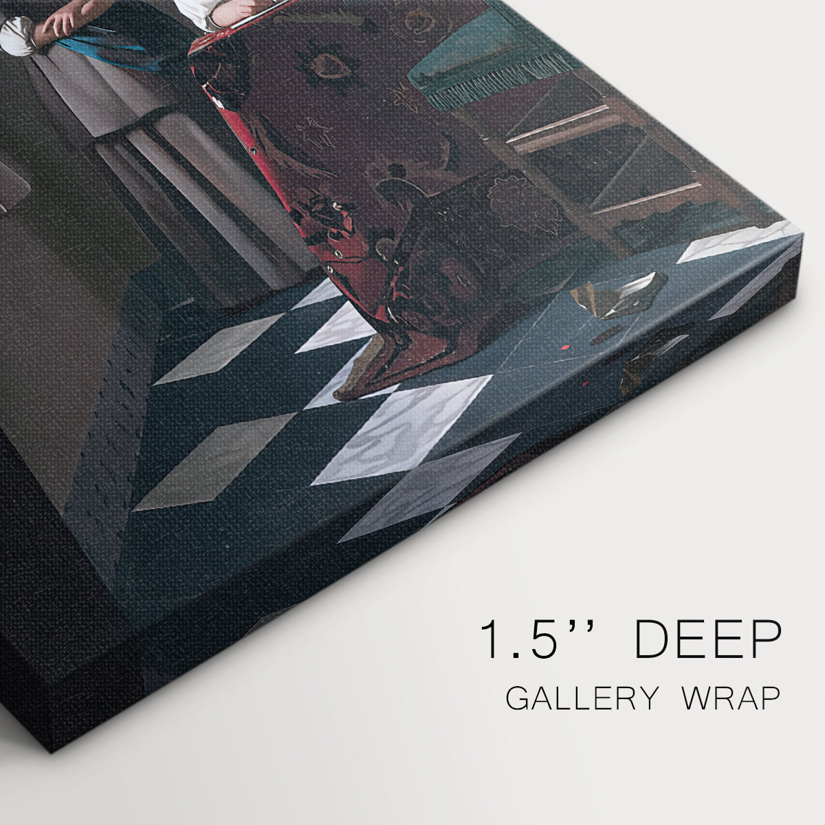 Close-up of a gallery-wrapped canvas corner showing a balanced interior with gentle tones and depth, highlighting texture and print detail.