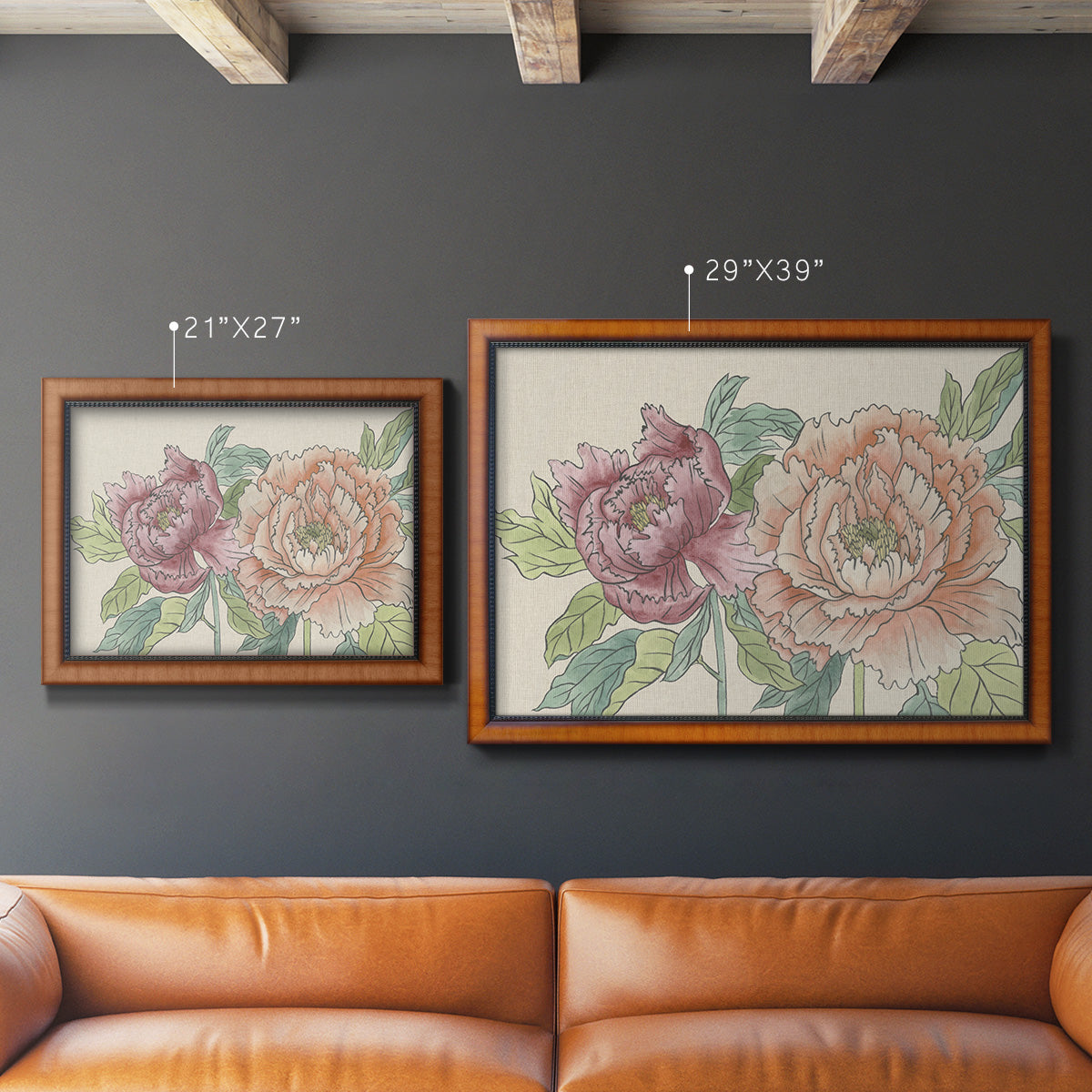 Modern peony floral drawing in an ornate vintage burl wood frame shown in multiple size options.