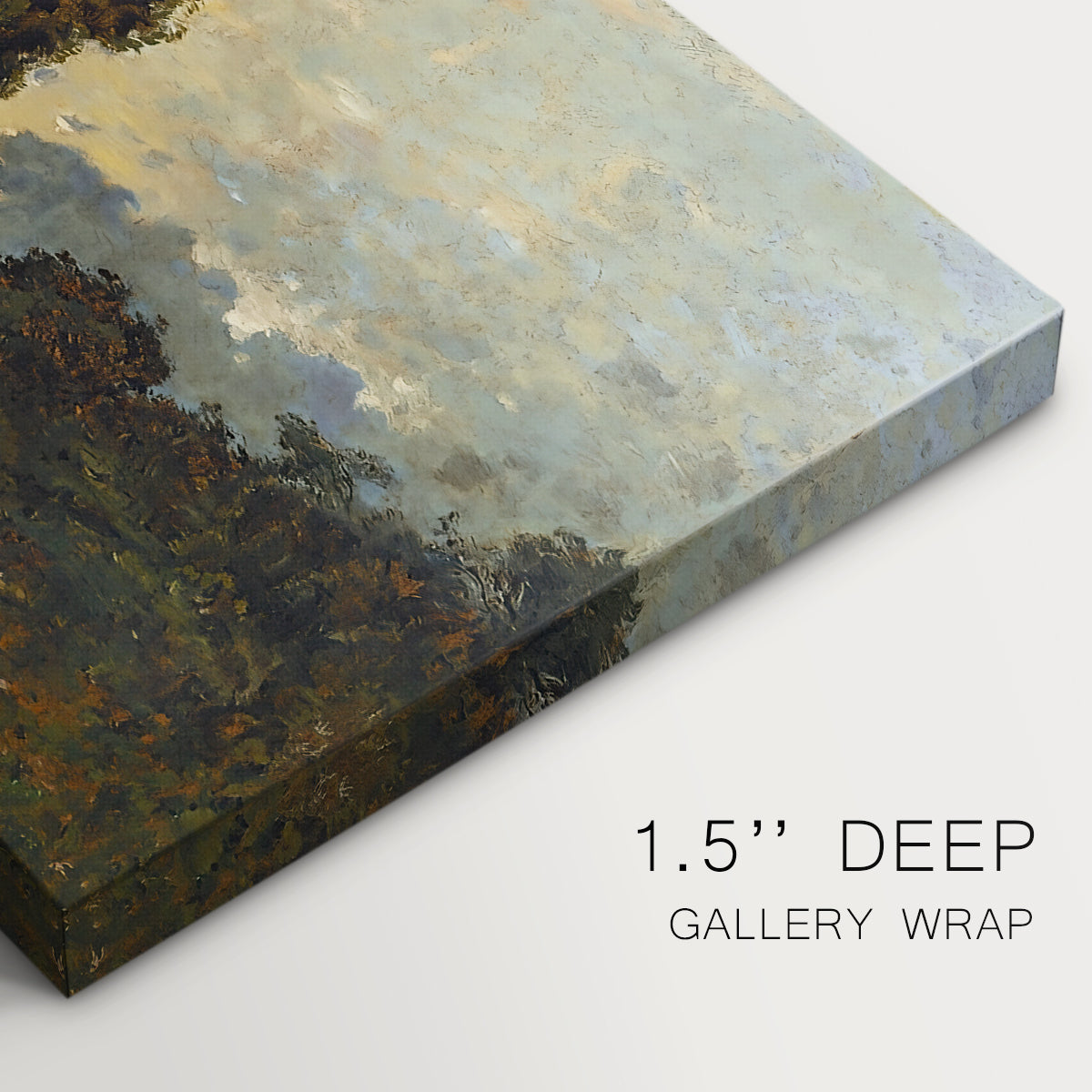 Canvas art print of a warm sunset over river landscape with glowing sky and reflections, highlighting texture and gallery-wrapped edges