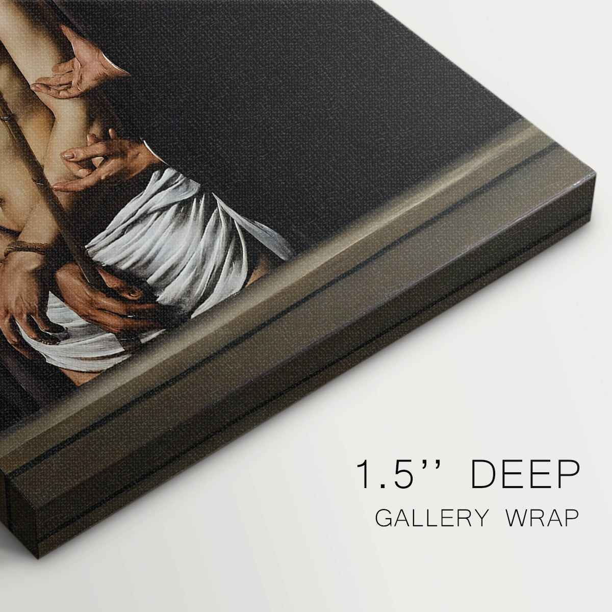 Close-up of a gallery-wrapped canvas corner showing a dramatic biblical scene with focused illumination, highlighting texture and print detail.