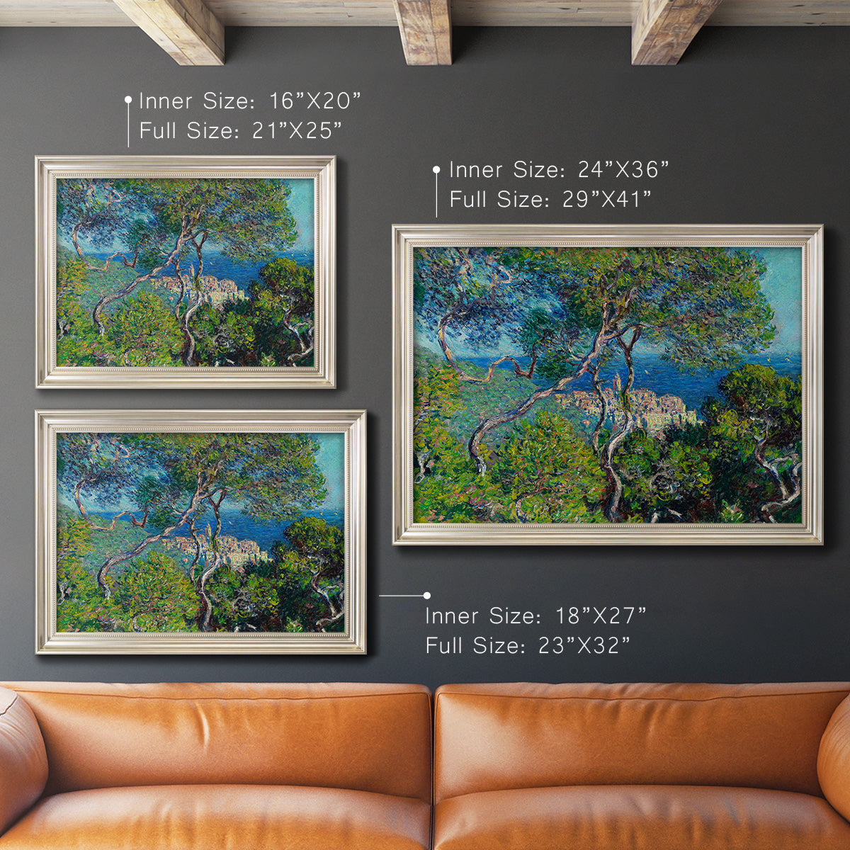 Impressionist Mediterranean coastal landscape by Claude Monet in an ornate champagne frame shown in multiple size options.
