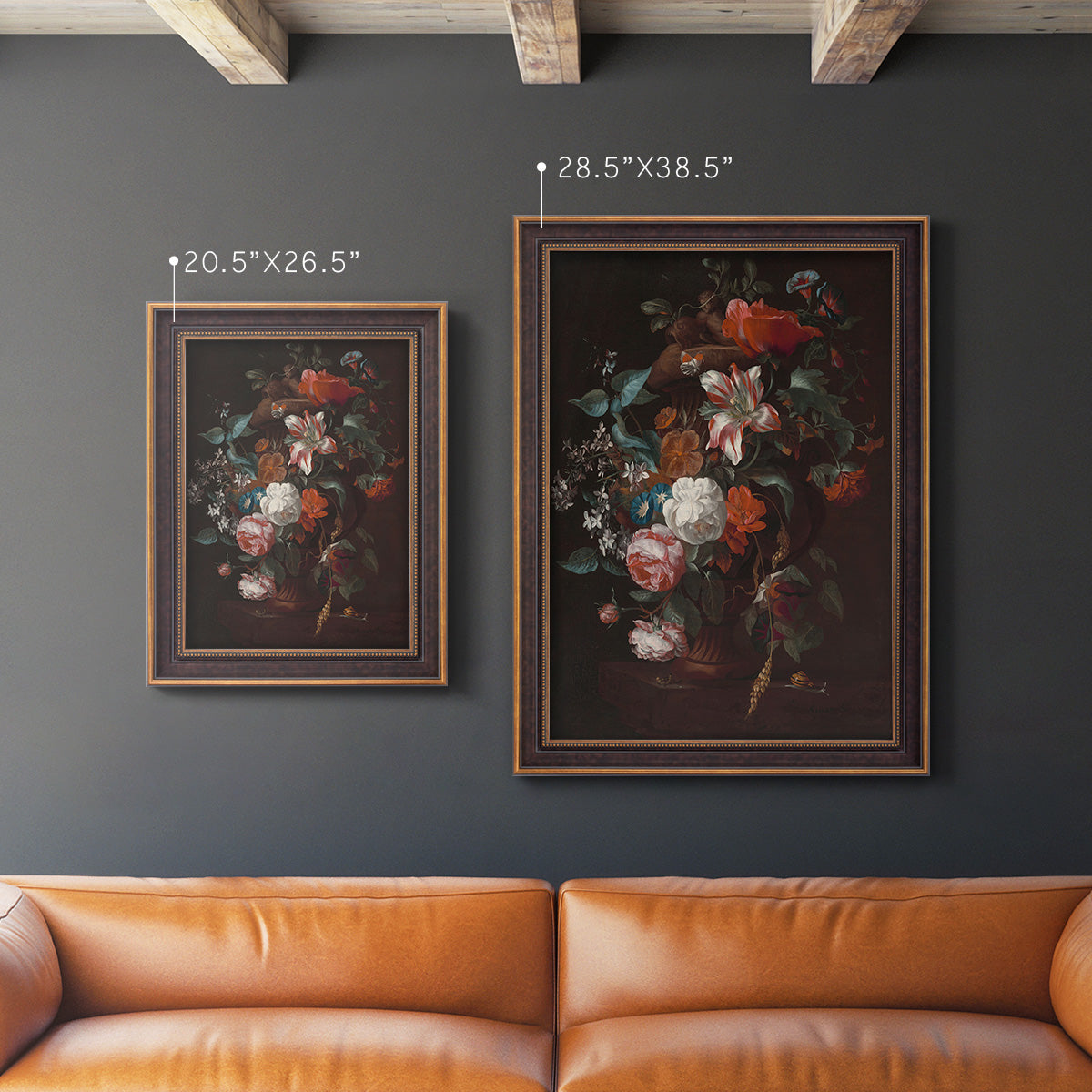 Classical floral still life painting by Jan van Huysum in an ornate bronzed mahogany wood frame shown in multiple vertical size options.