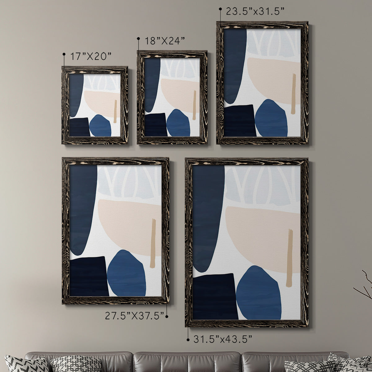 Size comparison chart for a set of two black barnwood framed canvas prints.