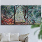 Three-panel canvas wall art featuring olive trees in sunlit garden, displayed in a living room above a sofa.