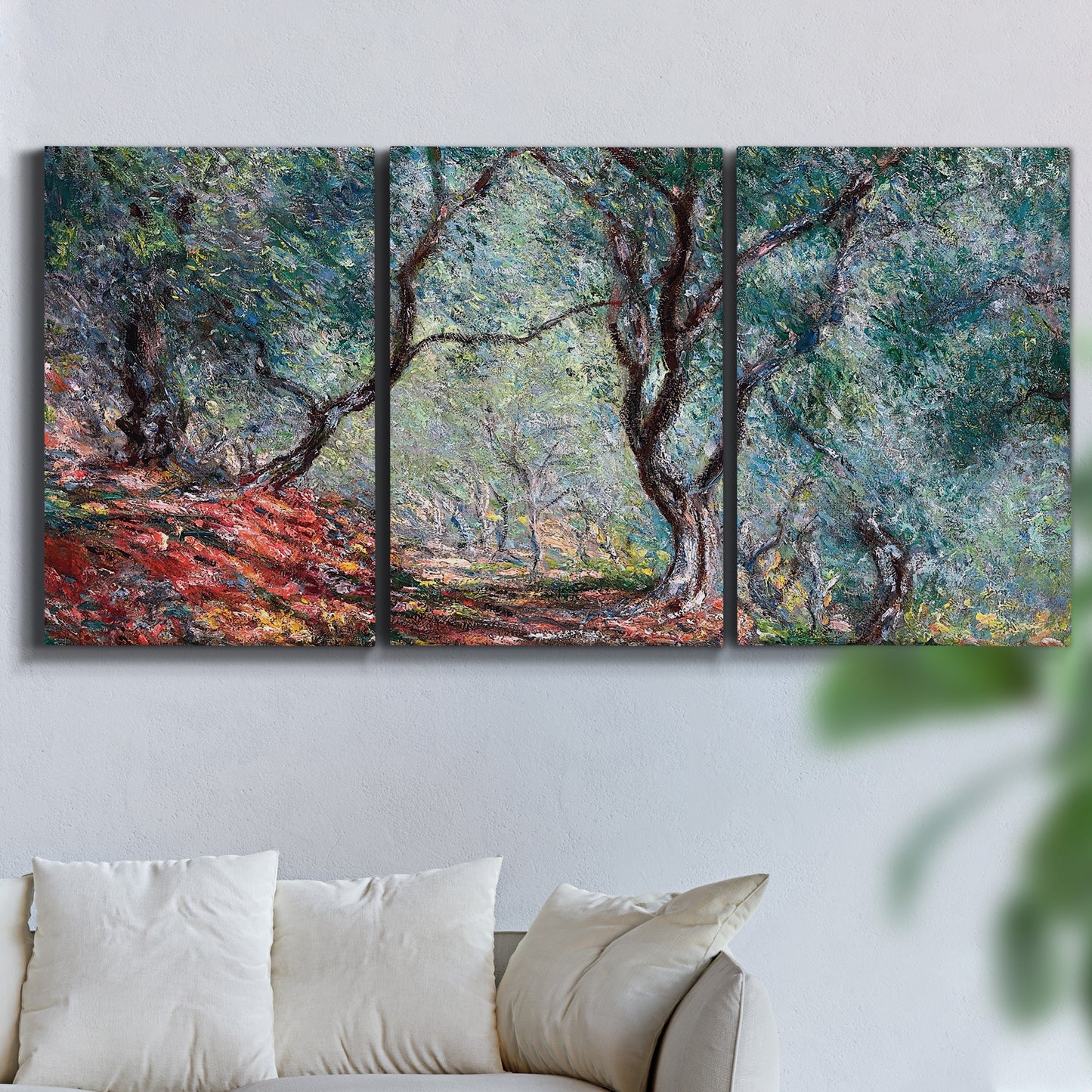 Three-panel canvas wall art featuring olive trees in sunlit garden, displayed in a living room above a sofa.