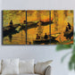 Three-panel canvas wall art featuring small boat on calm water, displayed in a living room above a sofa.