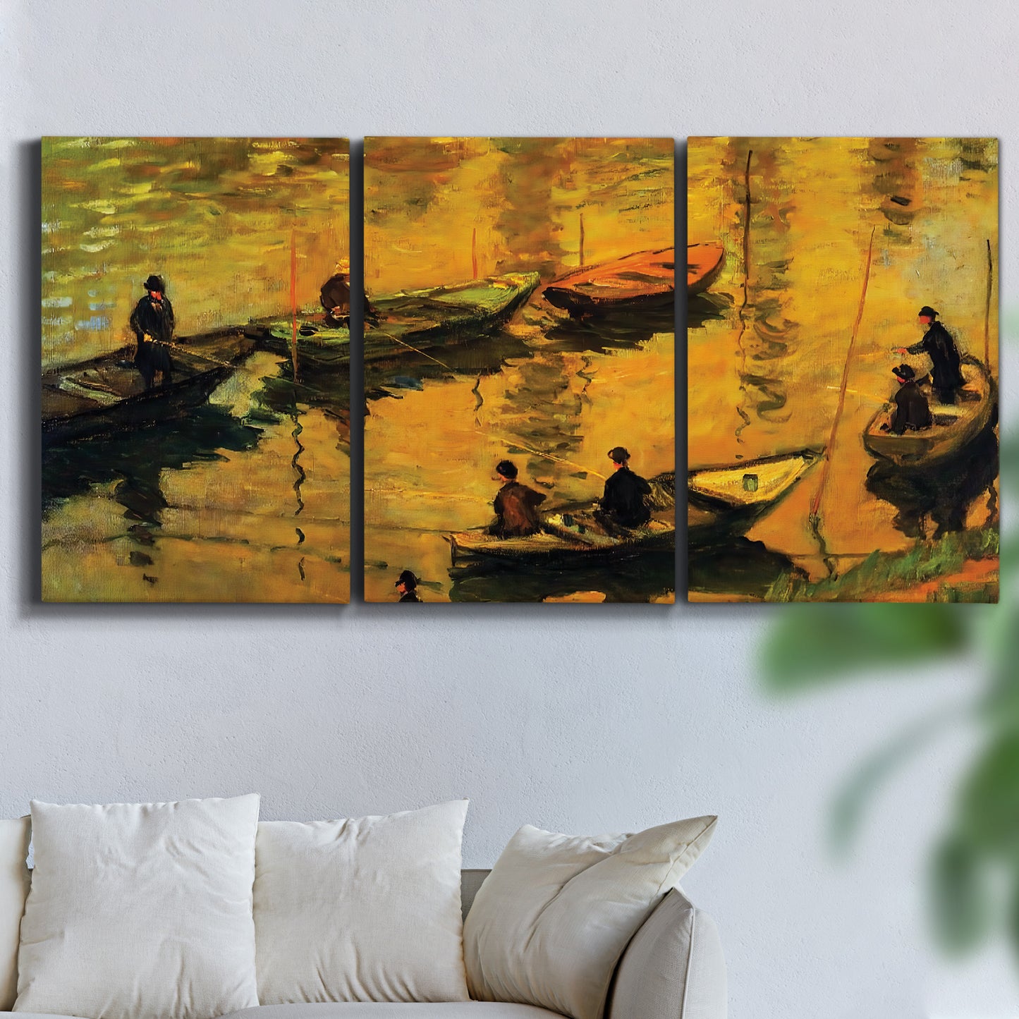 Three-panel canvas wall art featuring small boat on calm water, displayed in a living room above a sofa.