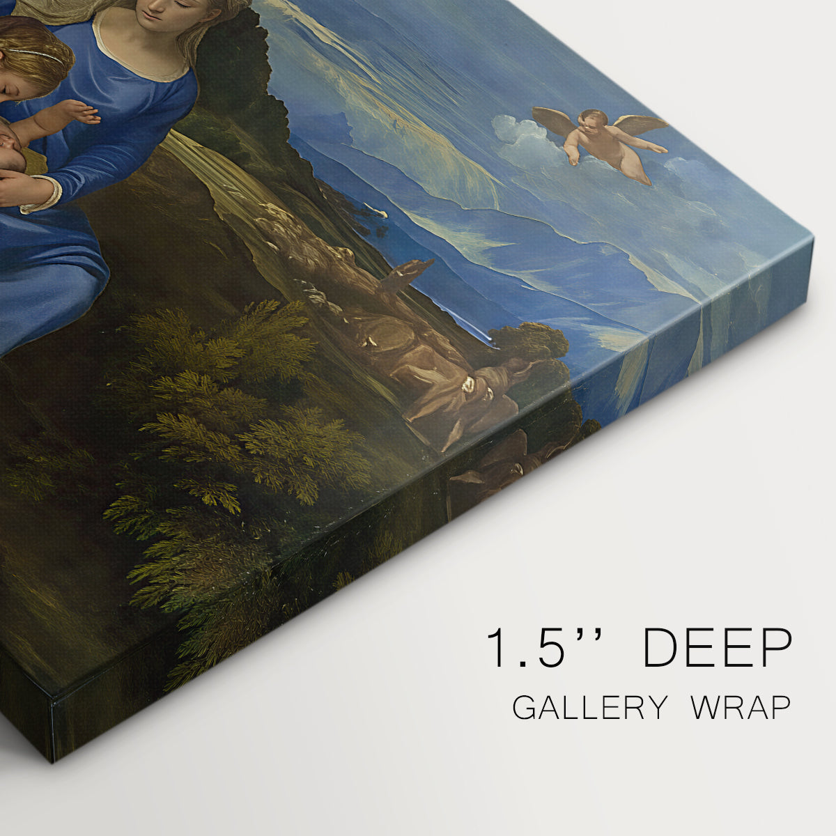 Canvas art print of Madonna seated with child in landscape beside soft blue water and sky, highlighting texture and gallery-wrapped edges