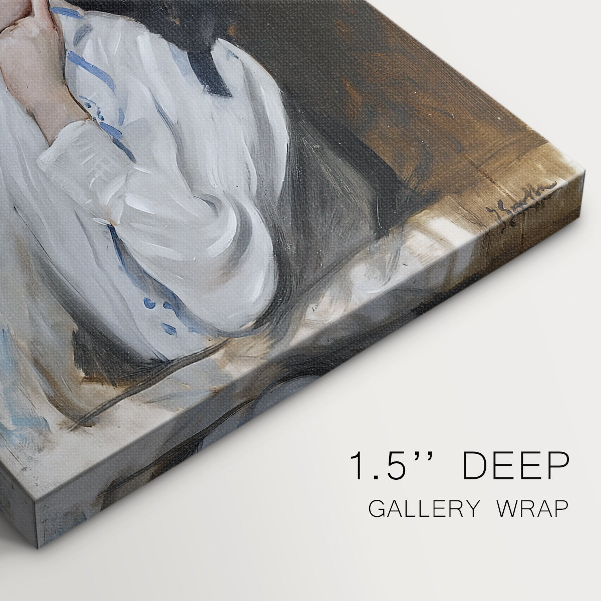 Close-up of a gallery-wrapped canvas corner showing a composed figure with subtle detail, highlighting texture and print detail.