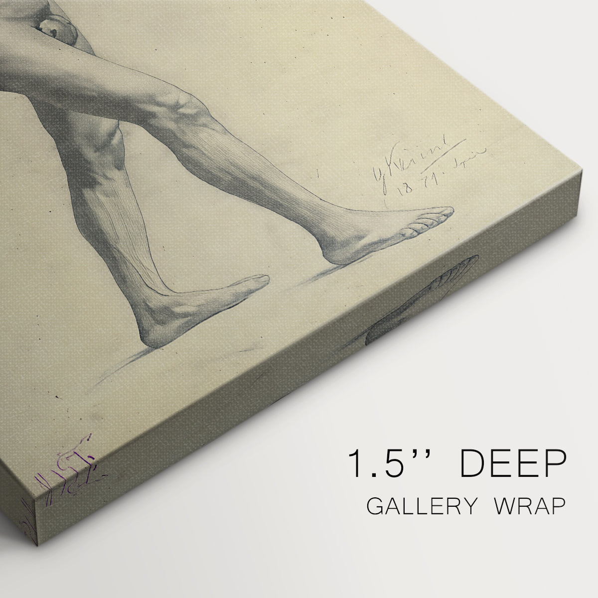 Close-up of a gallery-wrapped canvas corner showing a loose sketch capturing a figure in action, highlighting texture and print detail.