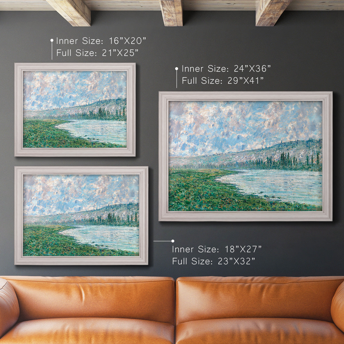 Impressionist river landscape at Vétheuil by Claude Monet in an ornate weathered white frame shown in multiple size options.