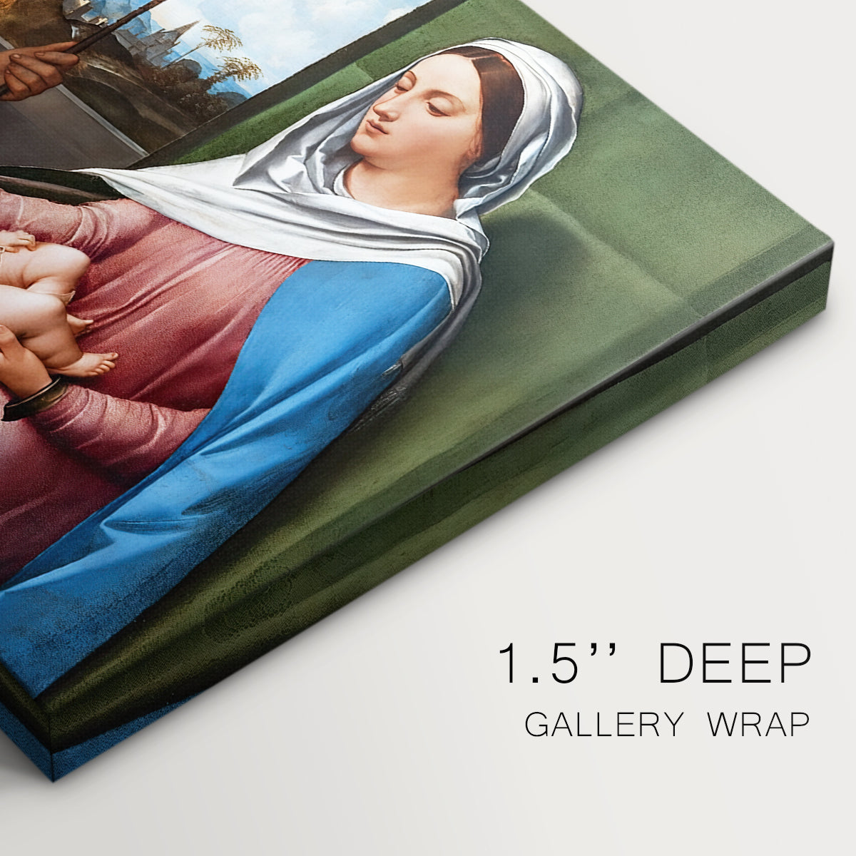 Canvas art print of a group of figures seated together in calm religious setting with soft landscape background, highlighting texture and gallery-wrapped edges