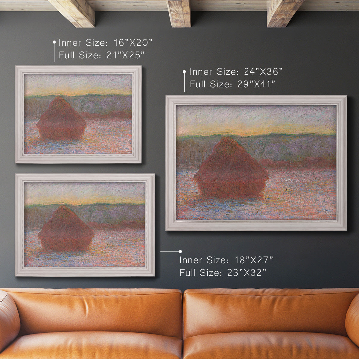 Impressionist haystack sunset scene in winter by Claude Monet in an ornate weathered white frame shown in multiple size options.