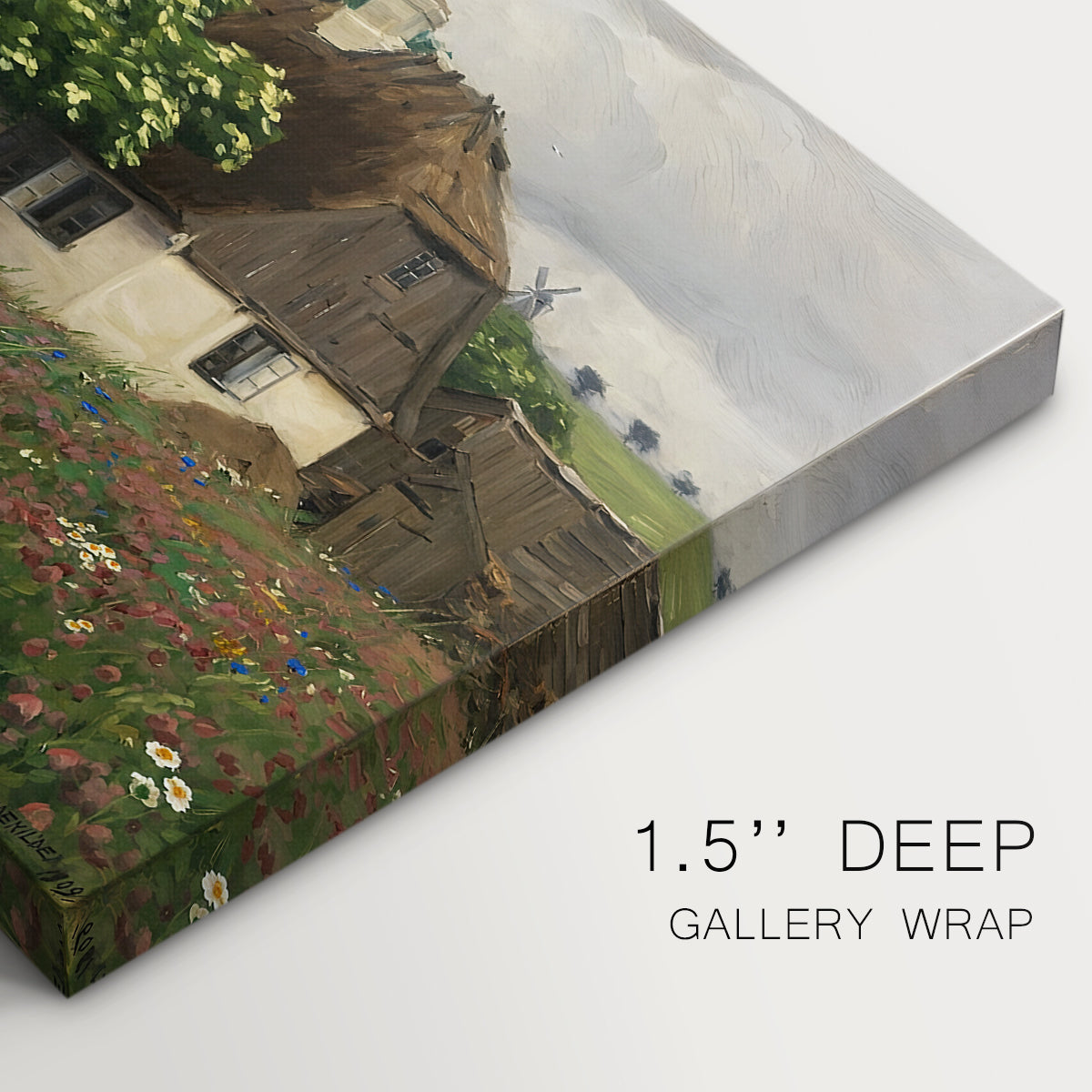 Canvas art print of a farmhouse surrounded by meadow filled with wildflowers and greenery, highlighting texture and gallery-wrapped edges