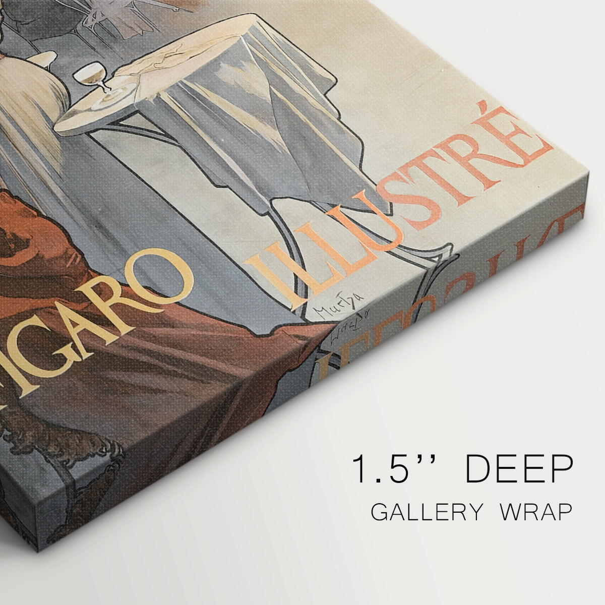 Close-up of a gallery-wrapped canvas corner showing a classic print combining portrait and editorial branding, highlighting texture and print detail.