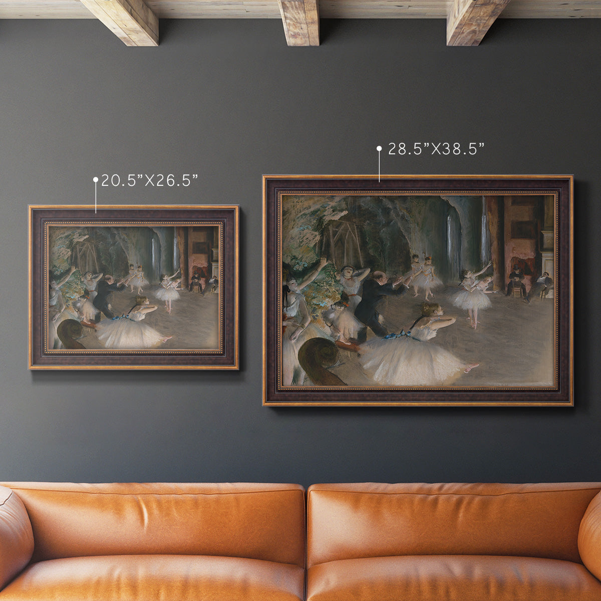 Impressionist backstage ballet scene by Edgar Degas in an ornate bronzed mahogany wood frame shown in multiple size options.