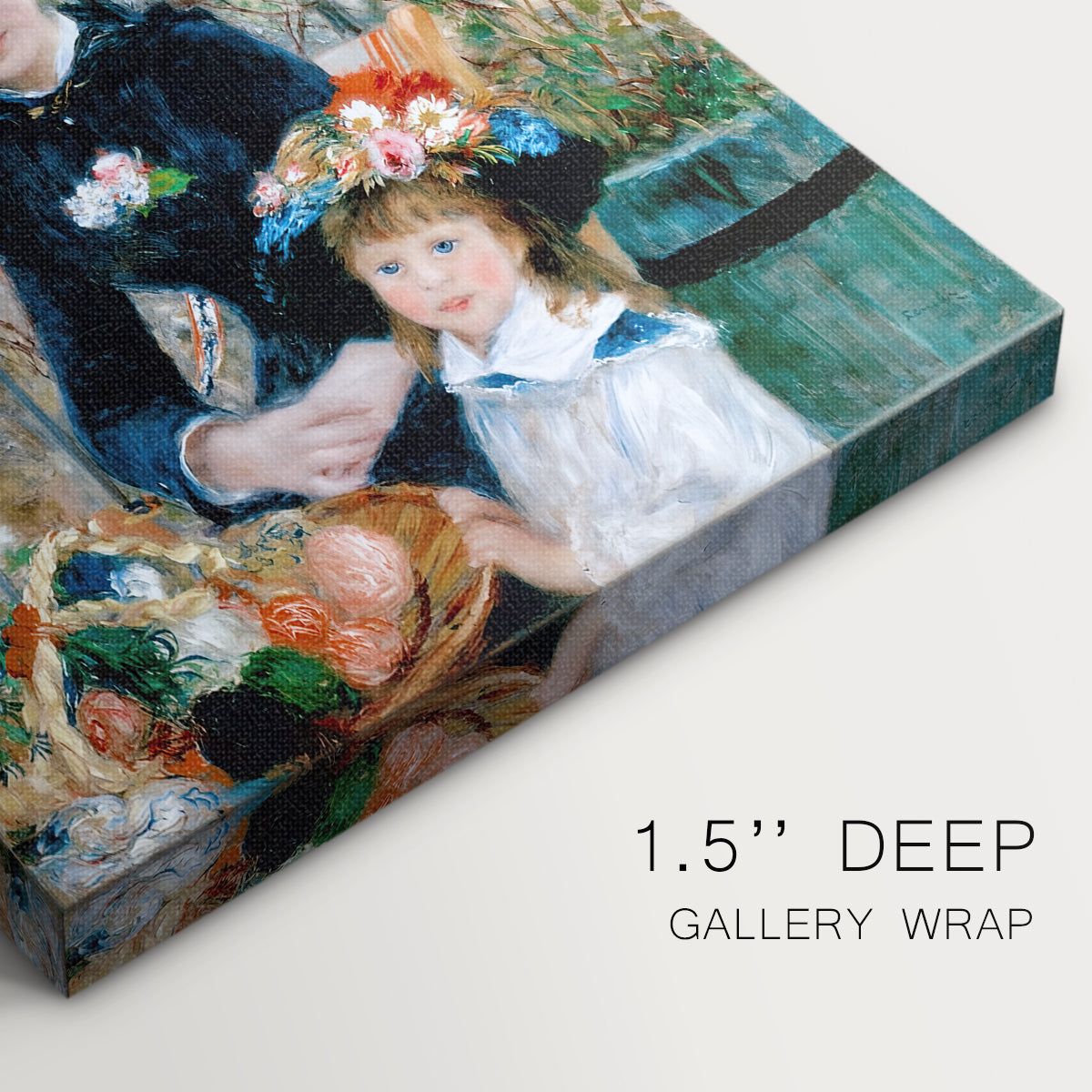 Close-up of a gallery-wrapped canvas corner showing a light-filled composition with figures against a garden backdrop, highlighting texture and print detail.