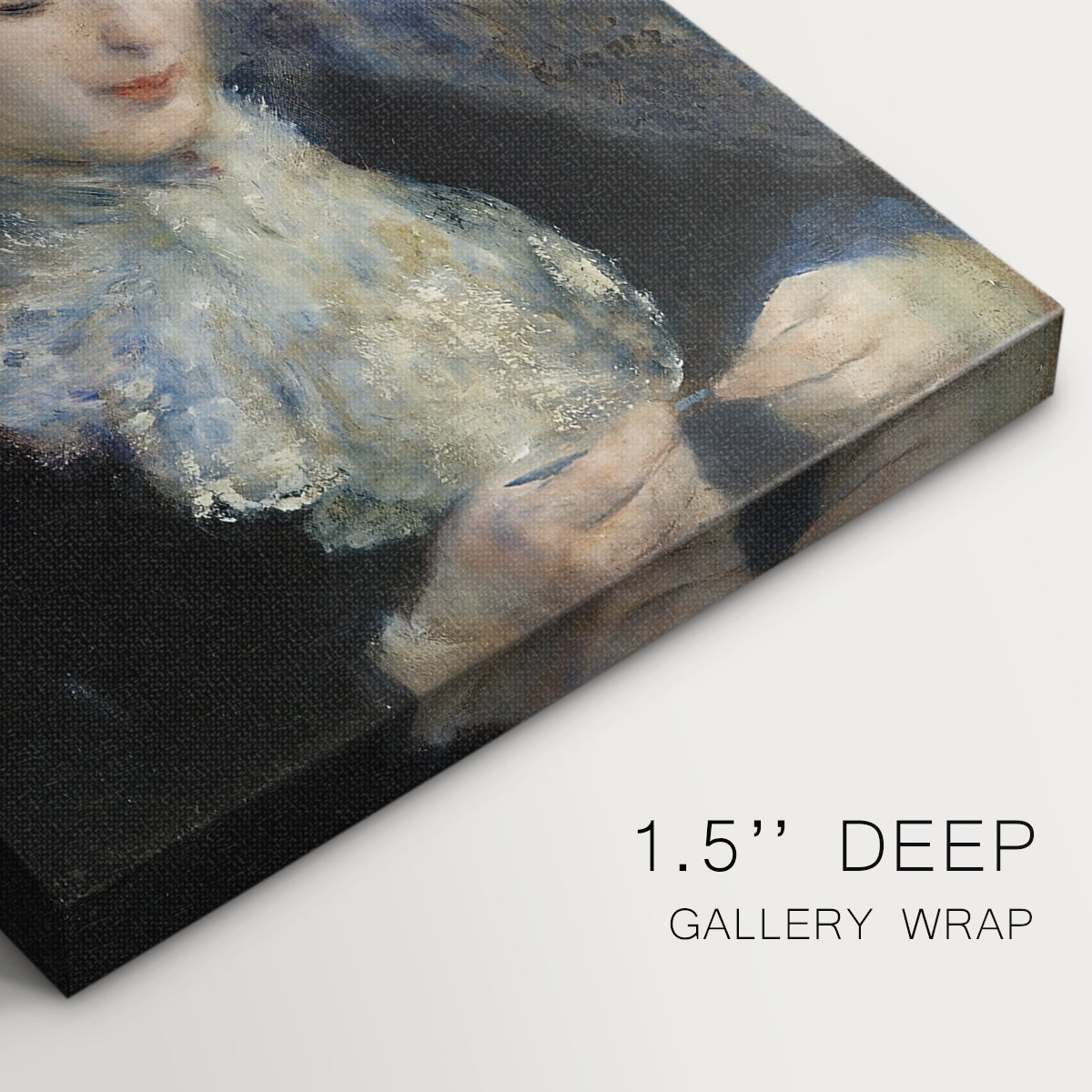 Close-up of a gallery-wrapped canvas corner showing a soft portrait of a woman absorbed in craftwork, highlighting texture and print detail.