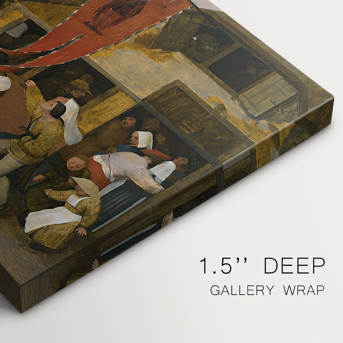 Canvas art print of villagers gathered outdoors celebrating in festive scene, highlighting texture and gallery-wrapped edges
