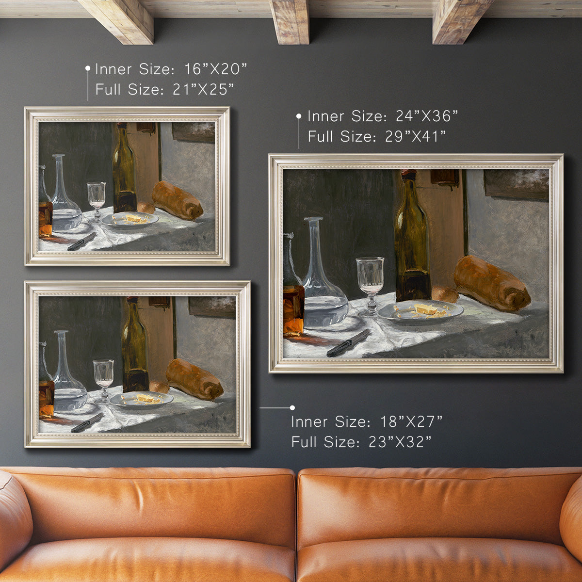 Impressionist still life with wine and bread by Claude Monet in an ornate champagne frame shown in multiple size options.