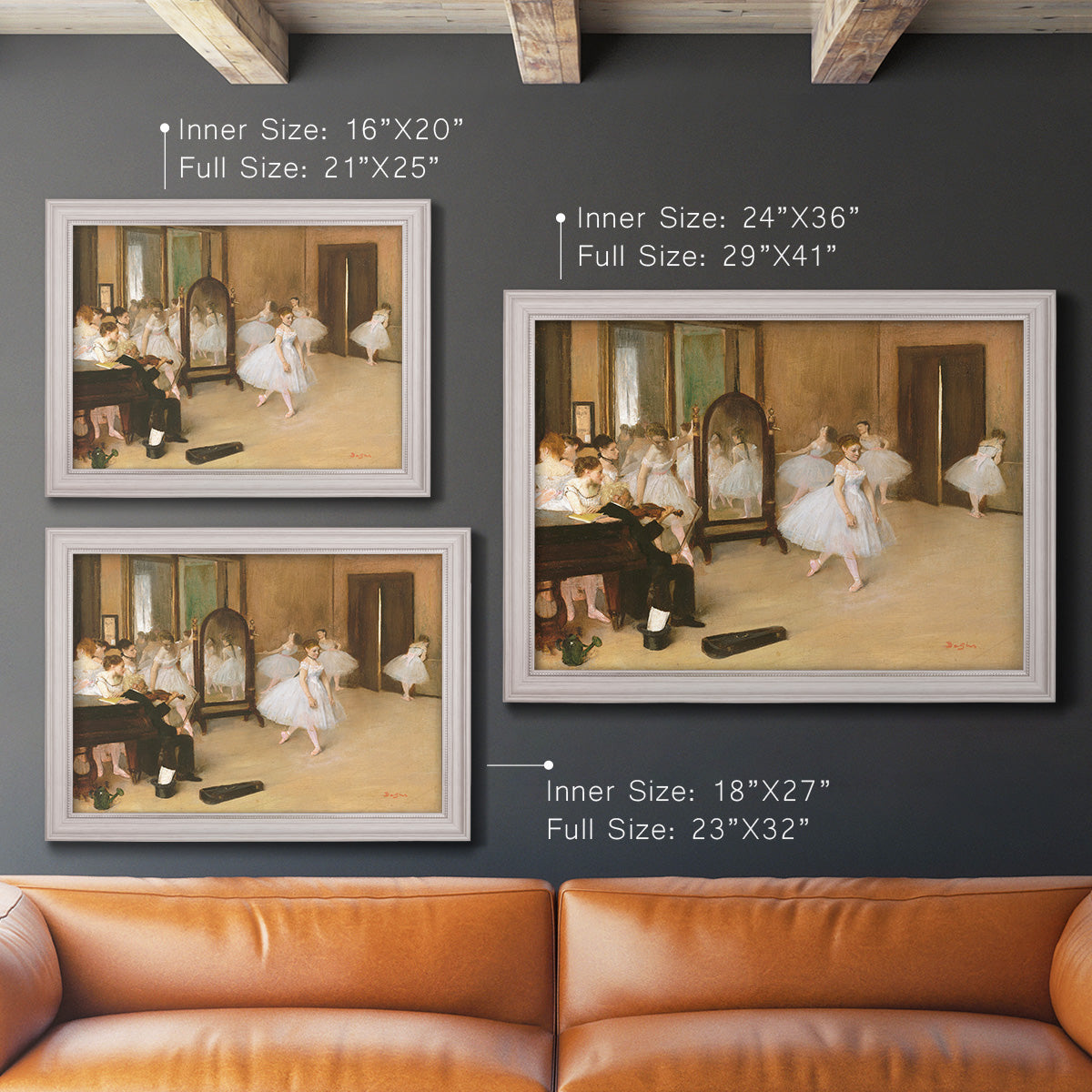 Impressionist dance class interior scene by Edgar Degas in an ornate weathered white frame shown in multiple size options.