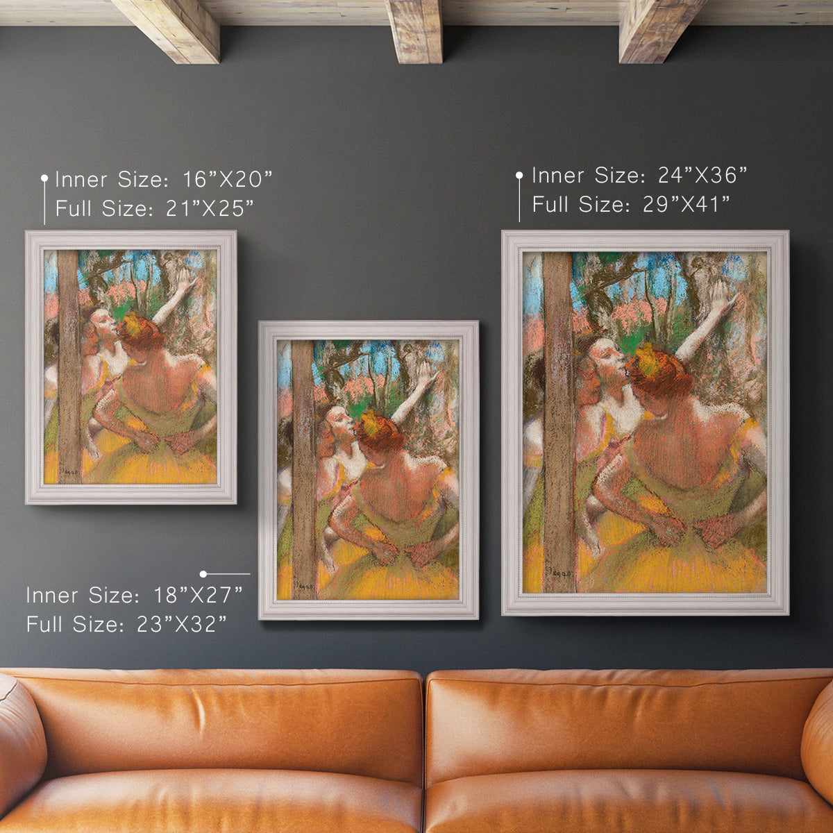 Impressionist ballet dancer composition by Edgar Degas in an ornate weathered white frame shown in multiple vertical size options.