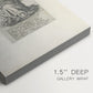 Close-up of a gallery-wrapped canvas corner showing a composed figure with engraved style and clarity, highlighting texture and print detail.