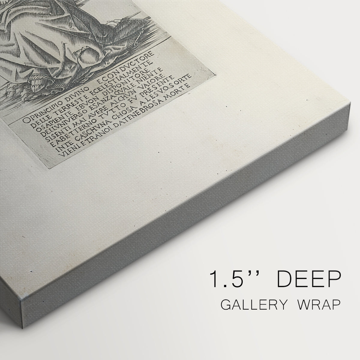 Close-up of a gallery-wrapped canvas corner showing a composed figure with engraved style and clarity, highlighting texture and print detail.